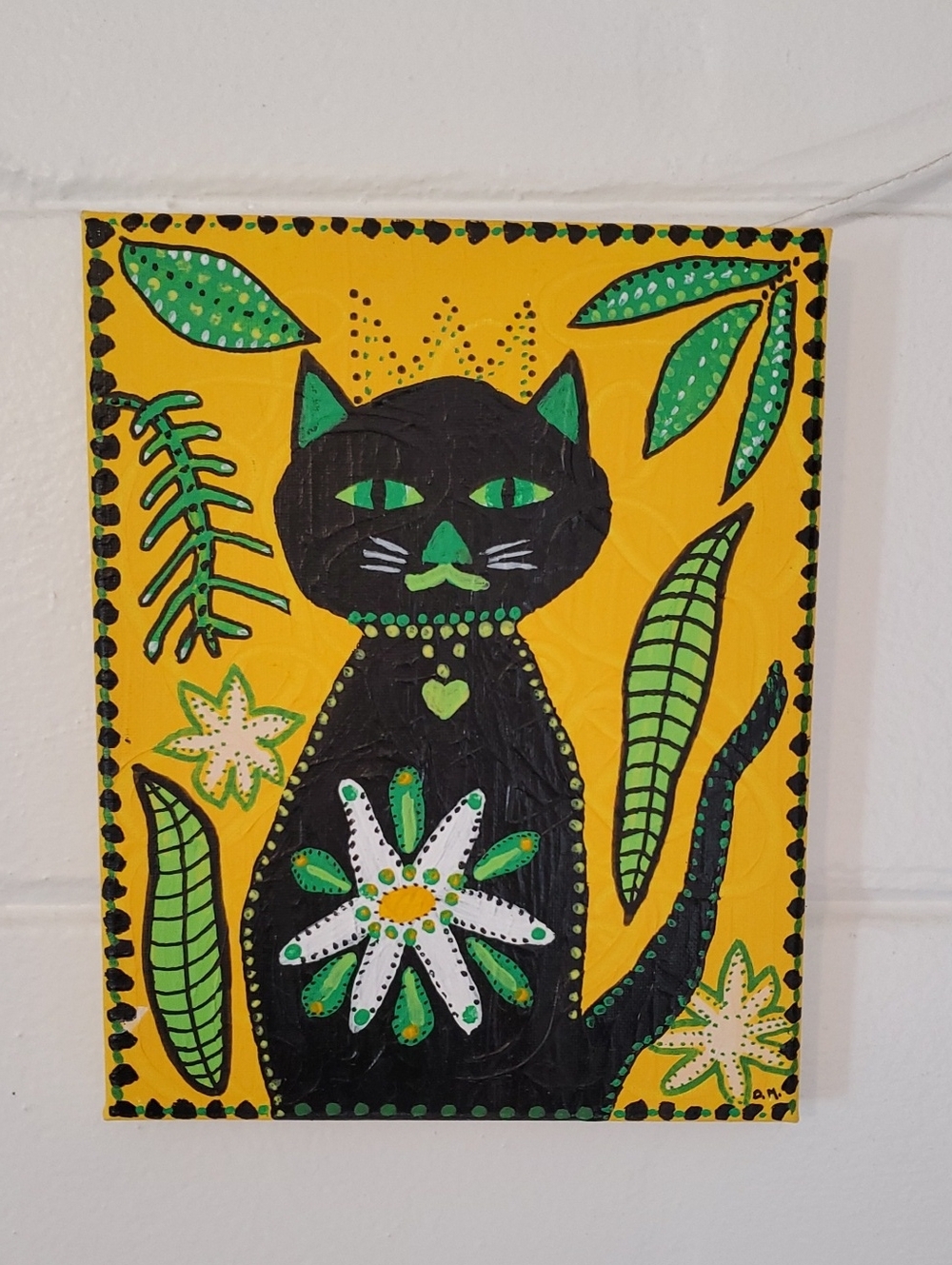 Original Black Cat Floral Folk Art Painting Made By Me 8x 10" Artwork Wall Decor
